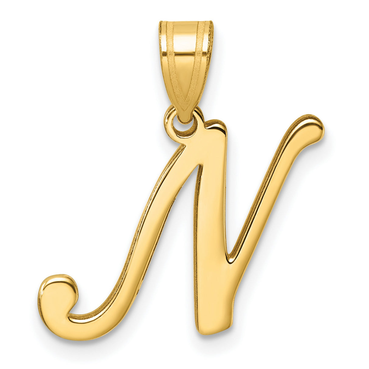 14k Yellow Gold Script Letter N Pendant, Polished Cursive Initial Charm for Women