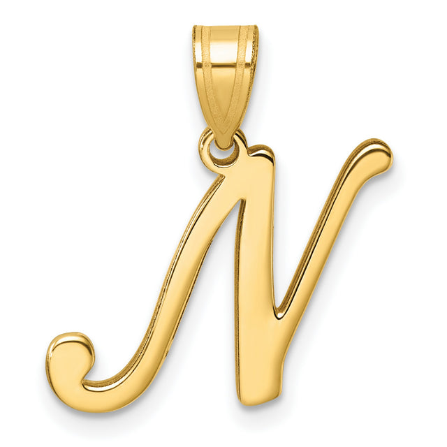 14k Yellow Gold Script Letter N Pendant, Polished Cursive Initial Charm for Women