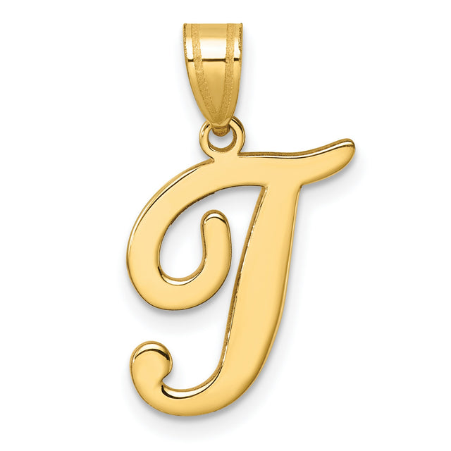 14k Yellow Gold Initial J Pendant, Polished Script Letter Charm for Women
