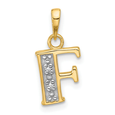 14k Two-Tone Gold Letter F Pendant with Diamond, Textured Alphabet Charm for Women