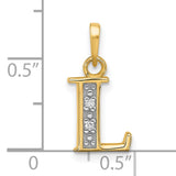 14k Yellow Gold Letter L Pendant with Diamond Cut Detail, Rhodium Plated Alphabet Charm