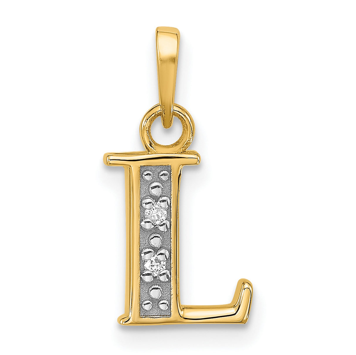 14k Yellow Gold Letter L Pendant with Diamond Cut Detail, Rhodium Plated Alphabet Charm