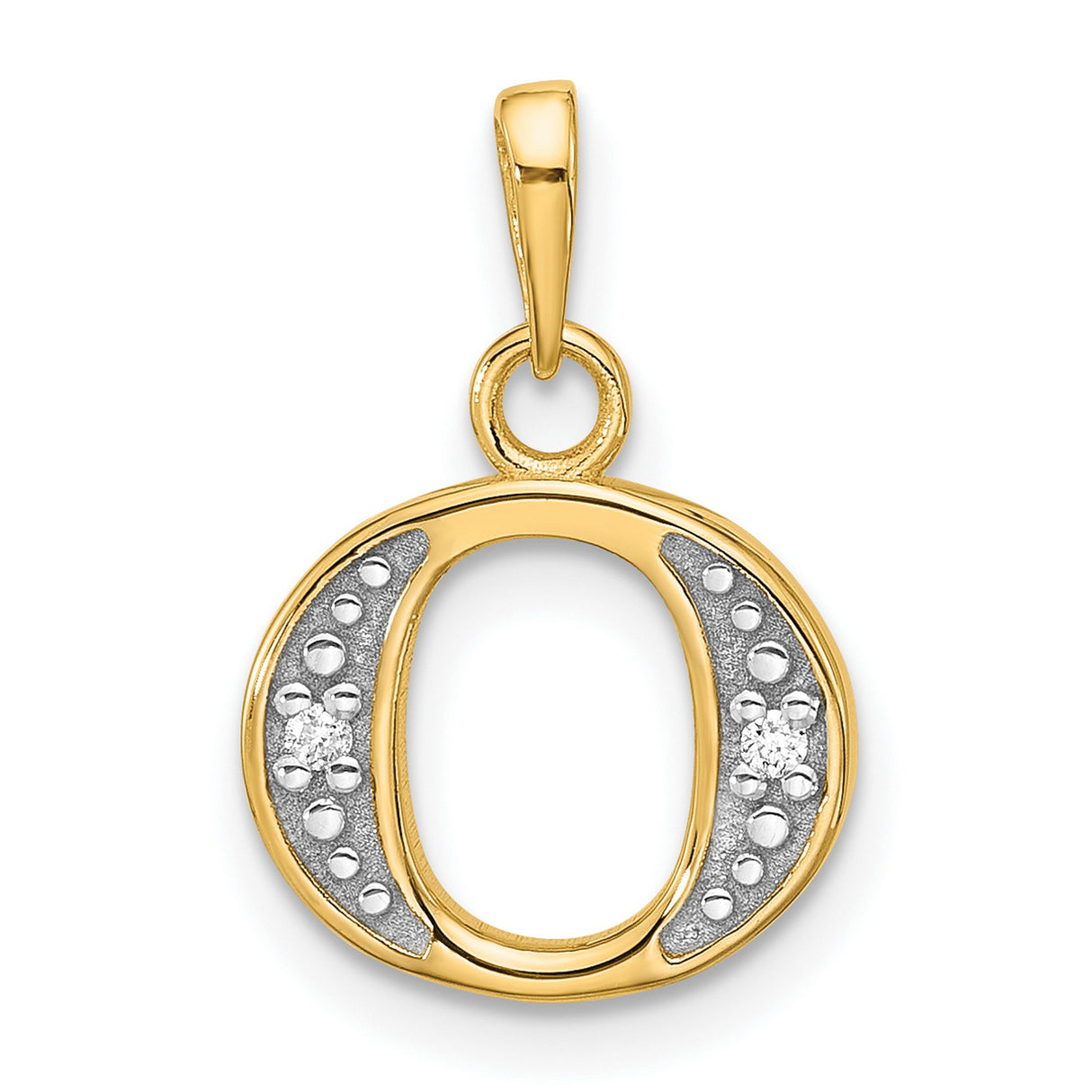 14k Multi-Tone Gold Initial O Pendant with Diamond Cut Detailing and Rhodium Accent