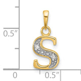 14k Multi-Tone Gold Script Letter S Pendant with Floral Accent, Diamond Textured Alphabet Charm
