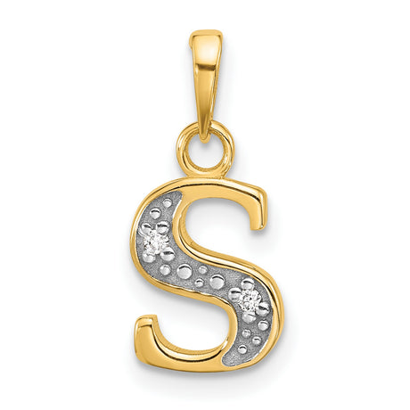 14k Multi-Tone Gold Script Letter S Pendant with Floral Accent, Diamond Textured Alphabet Charm