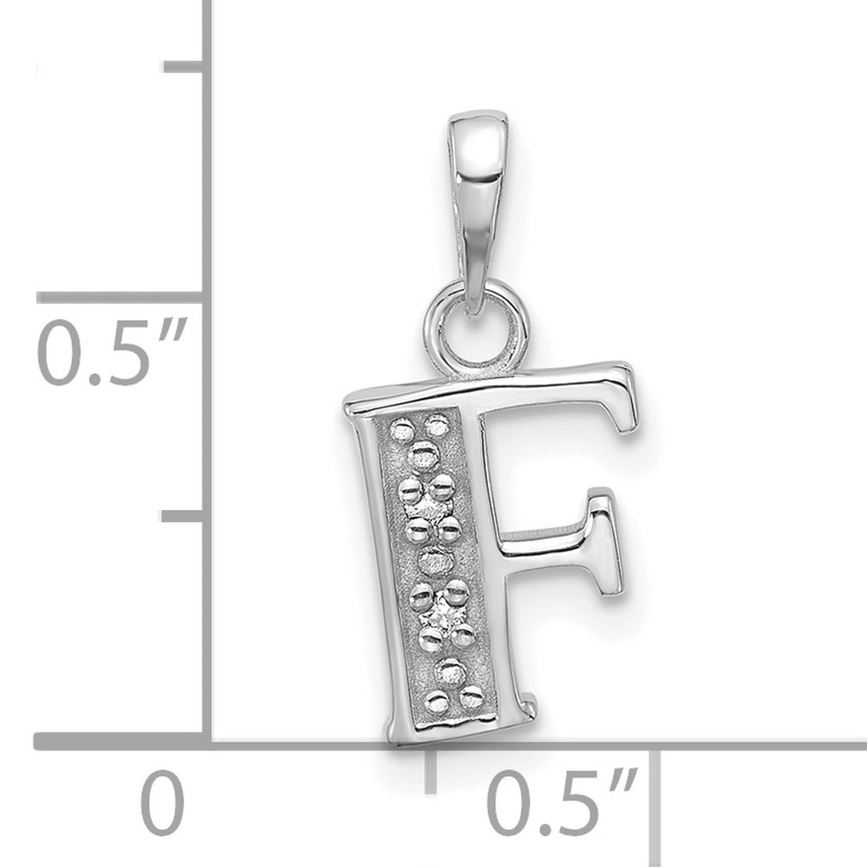 14k White Gold Initial F Pendant Charm with Diamond, Textured Dotted Design