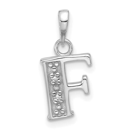 14k White Gold Initial F Pendant Charm with Diamond, Textured Dotted Design