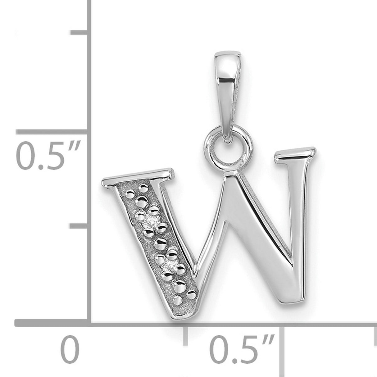 14k White Gold Letter W Pendant Charm with Diamond Accent, Textured and Polished Design