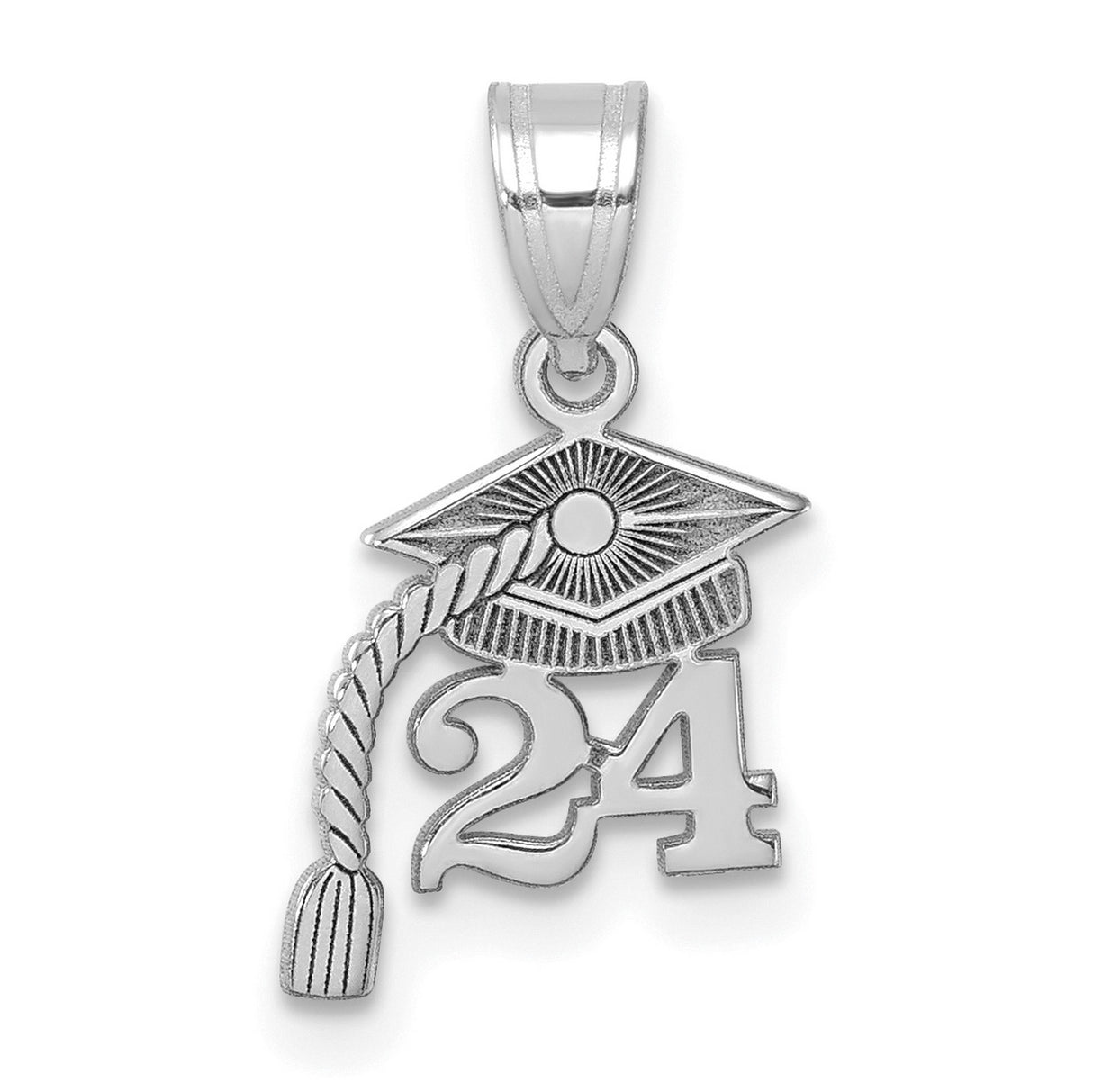 Graduation Cap 24 with Dangling Tassel Charm Pendant in Real 14k White Gold
