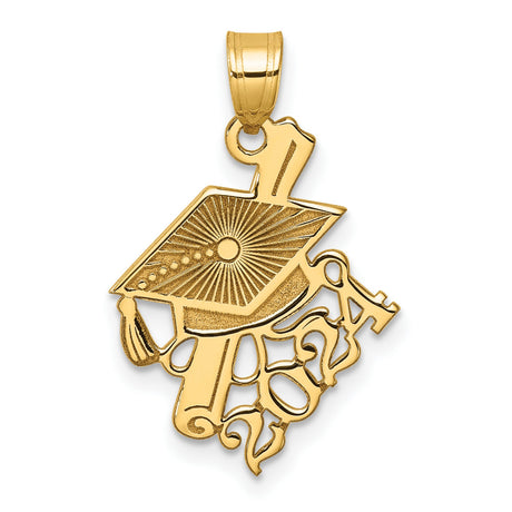 Graduation Cap and Slanted Diploma 2024 Charm Pendant in Real 14k Yellow Gold