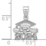 Graduation Cap and Diploma 2024 Charm Pendant in Real 14k White Gold