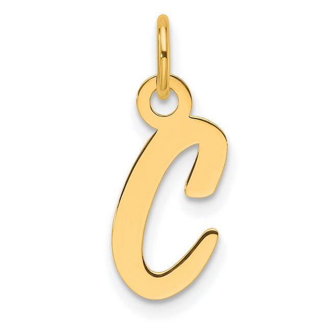 14k Yellow Gold Script Letter C Pendant, Polished Cursive Initial Charm for Women