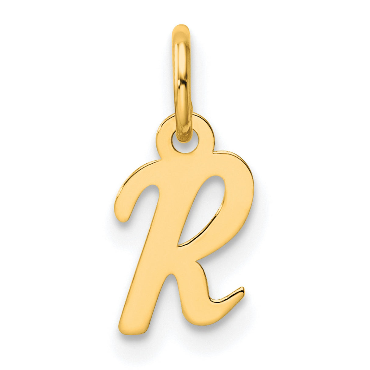 14k Yellow Gold Initial Pendant, Script Letter R Charm, Polished Cursive Design for Women