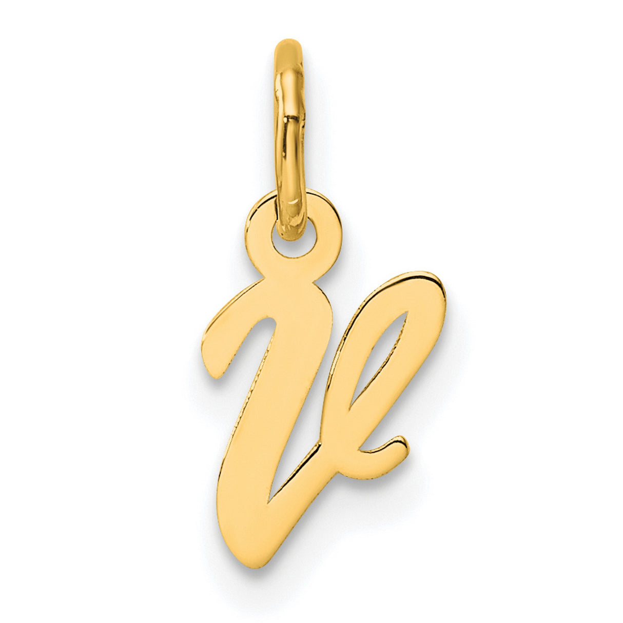 14k Yellow Gold Script V Pendant, Polished Cursive Letter Charm for Women