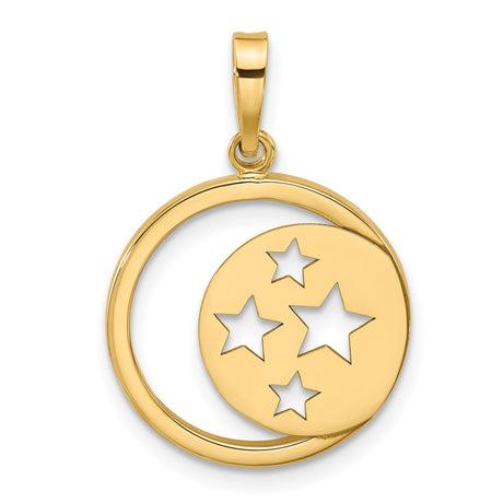 14k Yellow Gold Moon and Stars Pendant, Celestial Cutout Design for Women