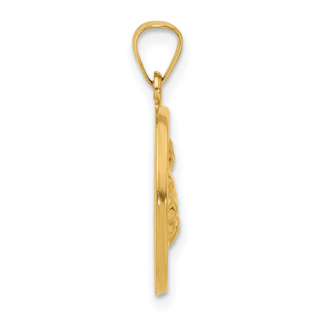 14k Yellow Gold Round Pendant with Raised Laughing Buddha Image, Spirituality and Good Fortune Theme