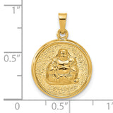 14k Yellow Gold Round Pendant with Raised Laughing Buddha Image, Spirituality and Good Fortune Theme