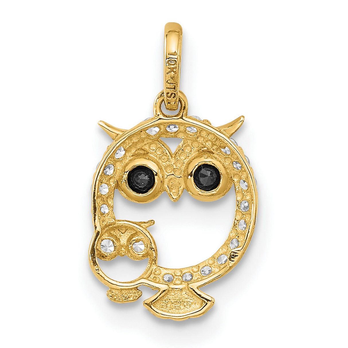 14k Yellow Gold Owl Pendant with Mother and Baby Owls, Cubic Zirconia Accents