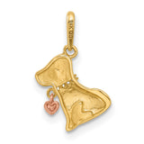 14k Two-Tone Gold Dog Pendant with Cubic Zirconia, Rose Heart Charm, Puppy Design