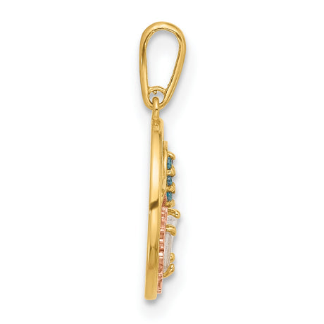 14k Multi-Tone Gold Ocean Scene Pendant with Cubic Zirconia, Tropical Fish and Starfish