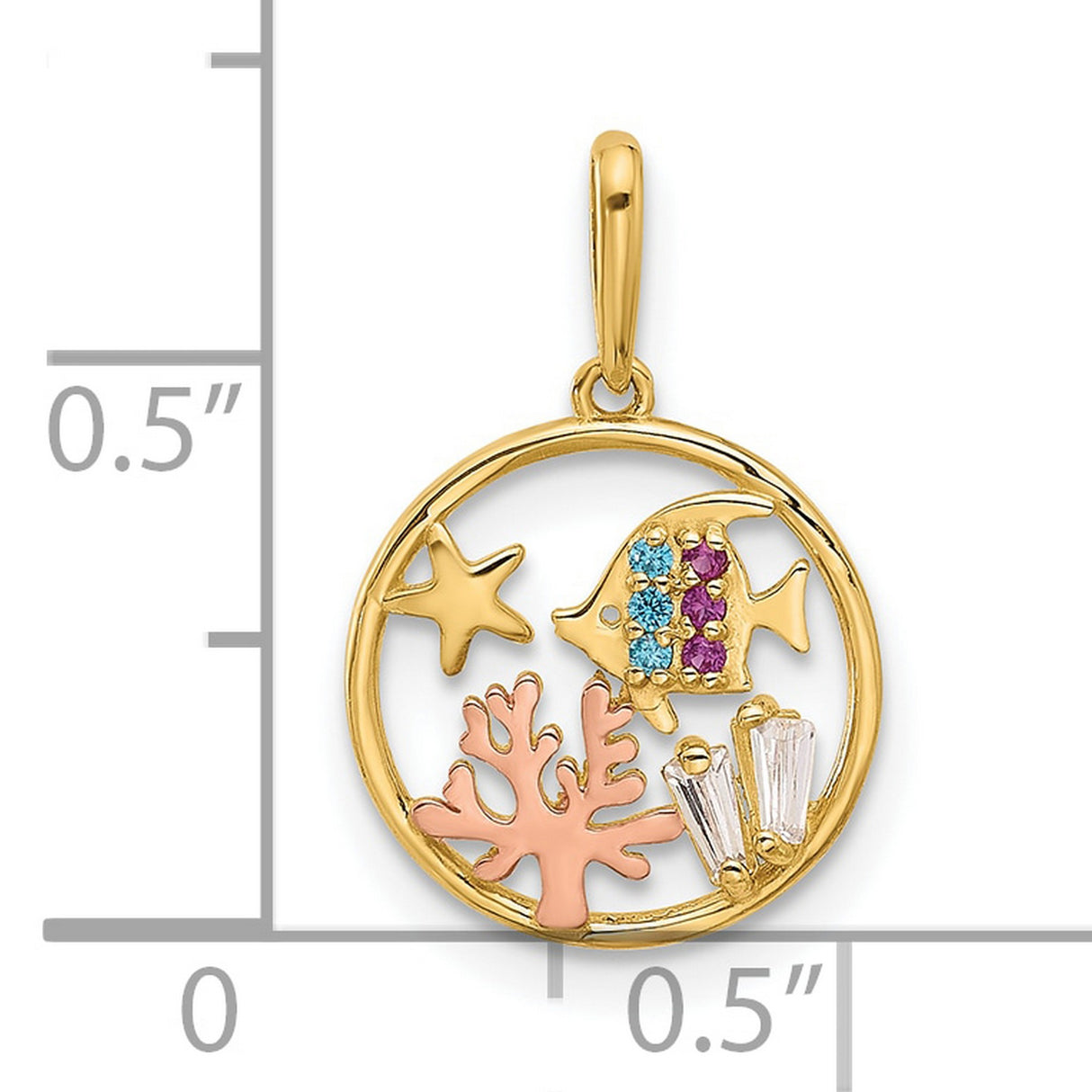 14k Multi-Tone Gold Ocean Scene Pendant with Cubic Zirconia, Tropical Fish and Starfish