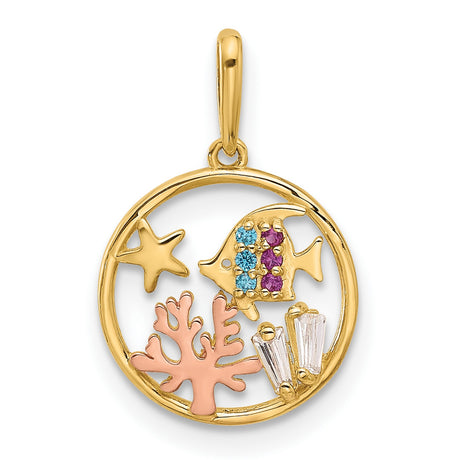 14k Multi-Tone Gold Ocean Scene Pendant with Cubic Zirconia, Tropical Fish and Starfish