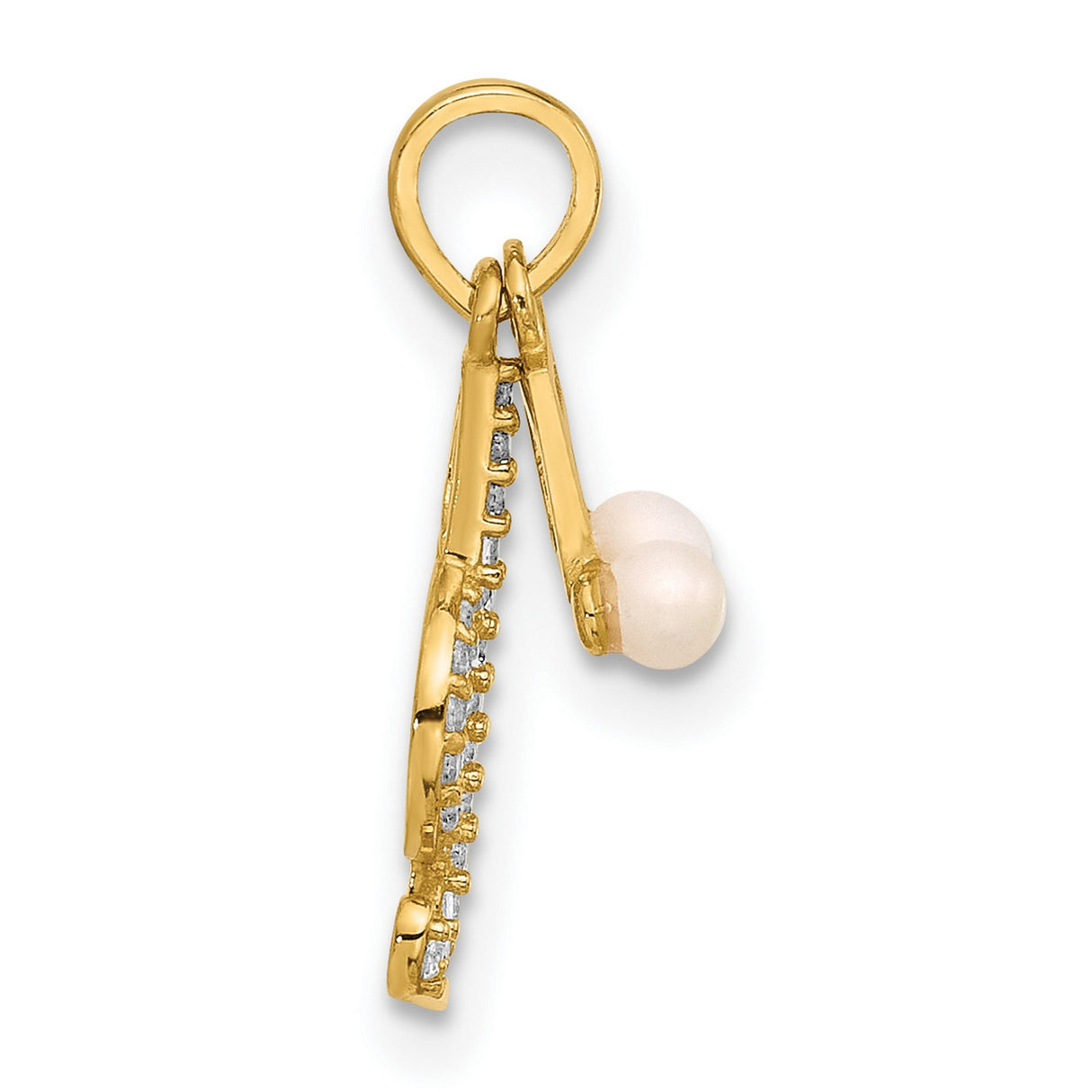 Polished CZ and Freshwater Cultured Pearl Music Notes Charm Pendant in Real 14k Yellow Gold