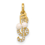 Polished CZ and Freshwater Cultured Pearl Music Notes Charm Pendant in Real 14k Yellow Gold