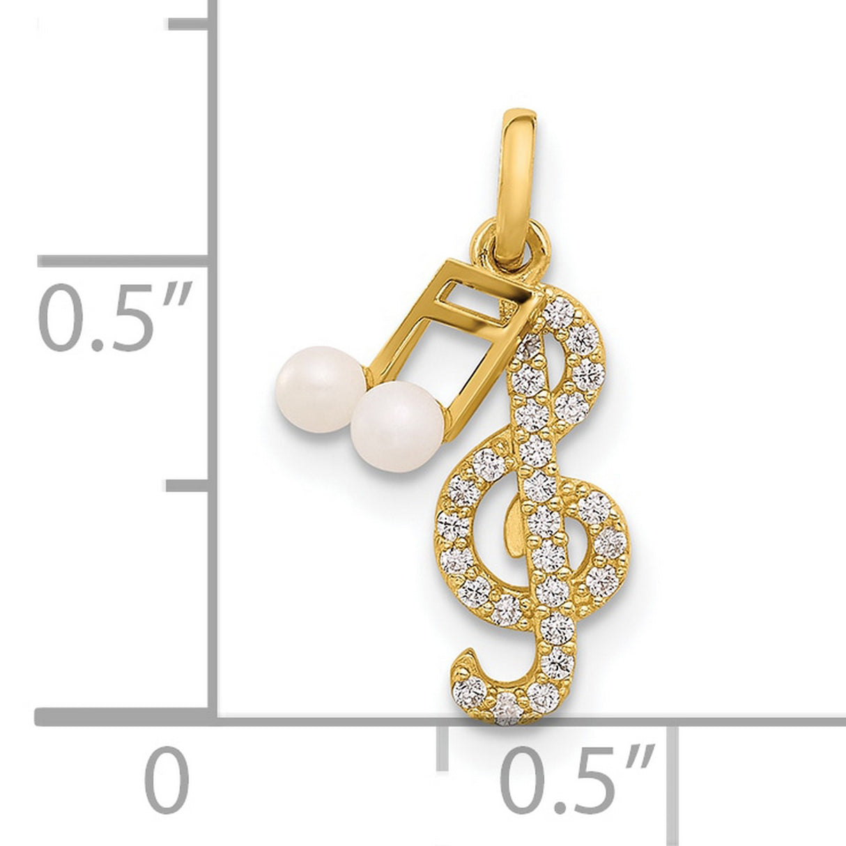 Polished CZ and Freshwater Cultured Pearl Music Notes Charm Pendant in Real 14k Yellow Gold