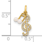 Polished CZ and Freshwater Cultured Pearl Music Notes Charm Pendant in Real 14k Yellow Gold