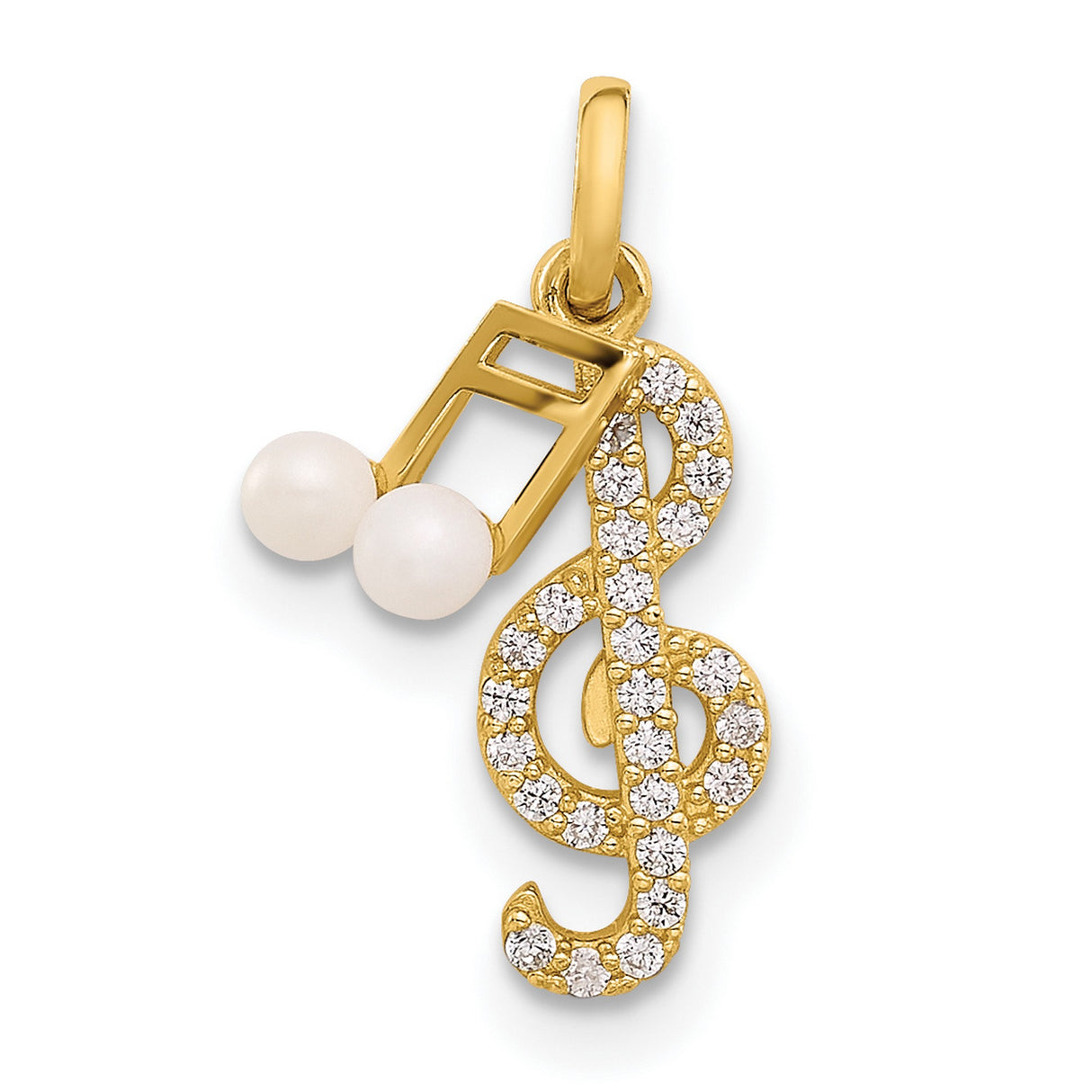 Polished CZ and Freshwater Cultured Pearl Music Notes Charm Pendant in Real 14k Yellow Gold