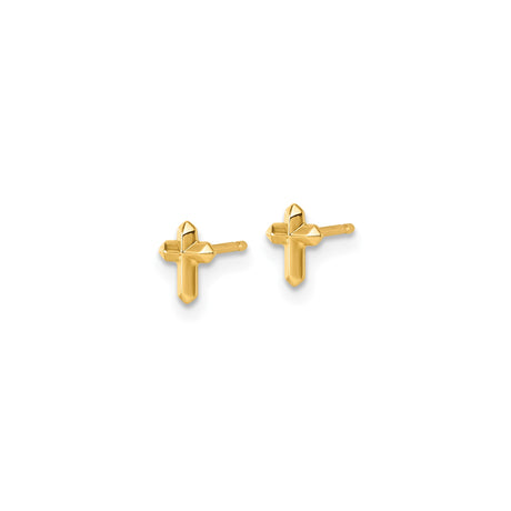 14k Yellow Gold Cross Stud Earrings, Faceted Polished Christian Symbol for Women