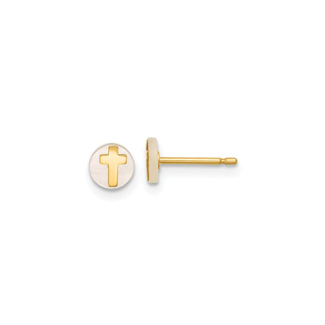 14k Yellow Gold Stud Earrings with Mother of Pearl and Cutout Cross Design