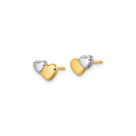14k Yellow Gold Heart Stud Earrings, Two-Tone Split Heart Design, Modern Minimal Style for Women