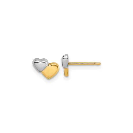 14k Yellow Gold Heart Stud Earrings, Two-Tone Split Heart Design, Modern Minimal Style for Women