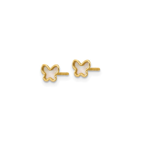 14k Yellow Gold Butterfly Stud Earrings with Mother of Pearl Inlay, Dainty Nature-Inspired Design