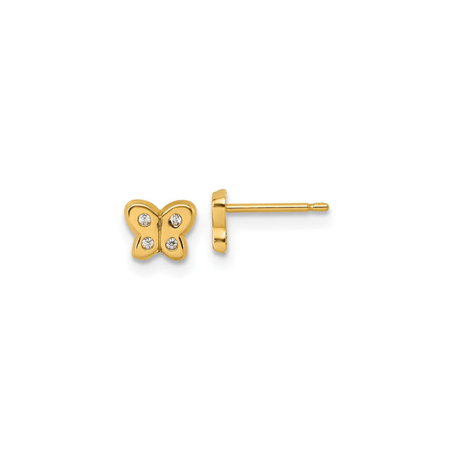 14k Yellow Gold Butterfly Stud Earrings with Cubic Zirconia, Dainty Insect Motif for Women and Girls