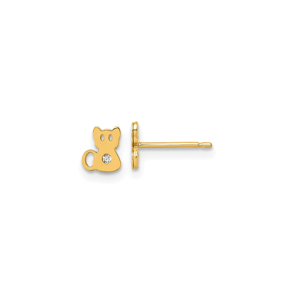 14k Yellow Gold Cat Stud Earrings with Cubic Zirconia, Playful Feline Silhouette Design