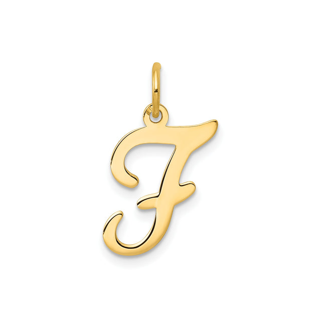 14k Yellow Gold Script Letter F Pendant Charm, Polished Cursive Initial Jewelry for Women or Unisex Wear