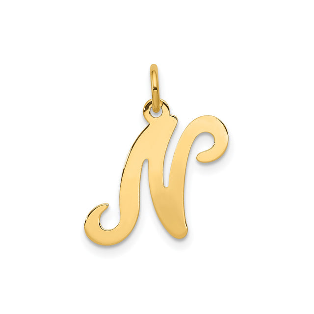 14k Yellow Gold Letter N Pendant, Script Cursive Initial Charm for Women, Polished Finish