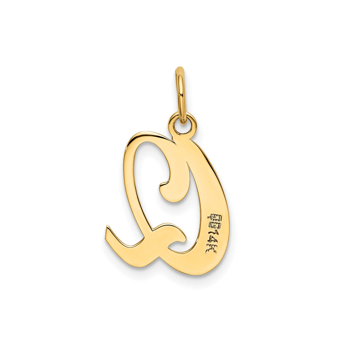 14k Yellow Gold Script Letter Q Pendant, Polished Cursive Initial Charm for Women or Unisex Wear