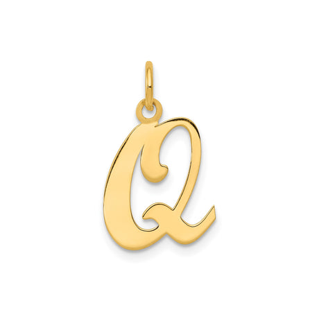 14k Yellow Gold Script Letter Q Pendant, Polished Cursive Initial Charm for Women or Unisex Wear