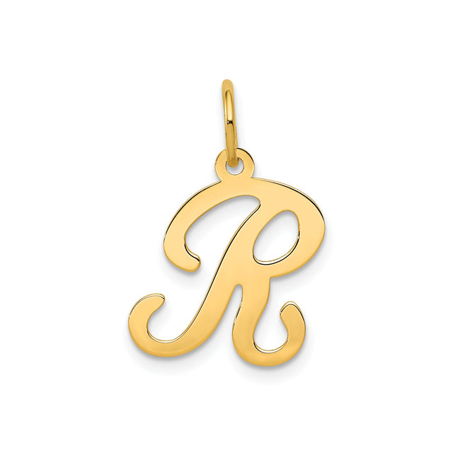 14k Yellow Gold Initial R Pendant Charm, Polished Script Letter Alphabet Jewelry for Women