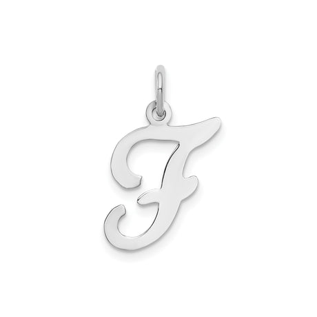 14k White Gold Script Letter F Pendant, Polished Initial Charm for Women or Unisex Wear