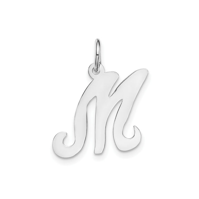 14k White Gold Script Initial M Pendant, Polished Monogram Letter Charm for Women