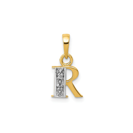 14k Two-Tone Gold Letter R Pendant with Diamond-Cut Accent and Rhodium Detail