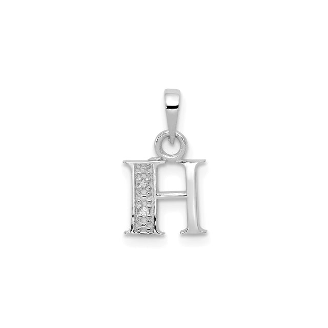 14k White Gold Initial Pendant with Diamond, Textured Letter H Charm for Women
