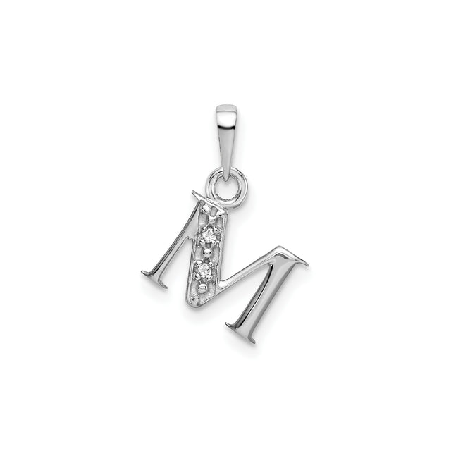 14k White Gold Initial M Pendant with Diamond Accents, Polished Letter Charm