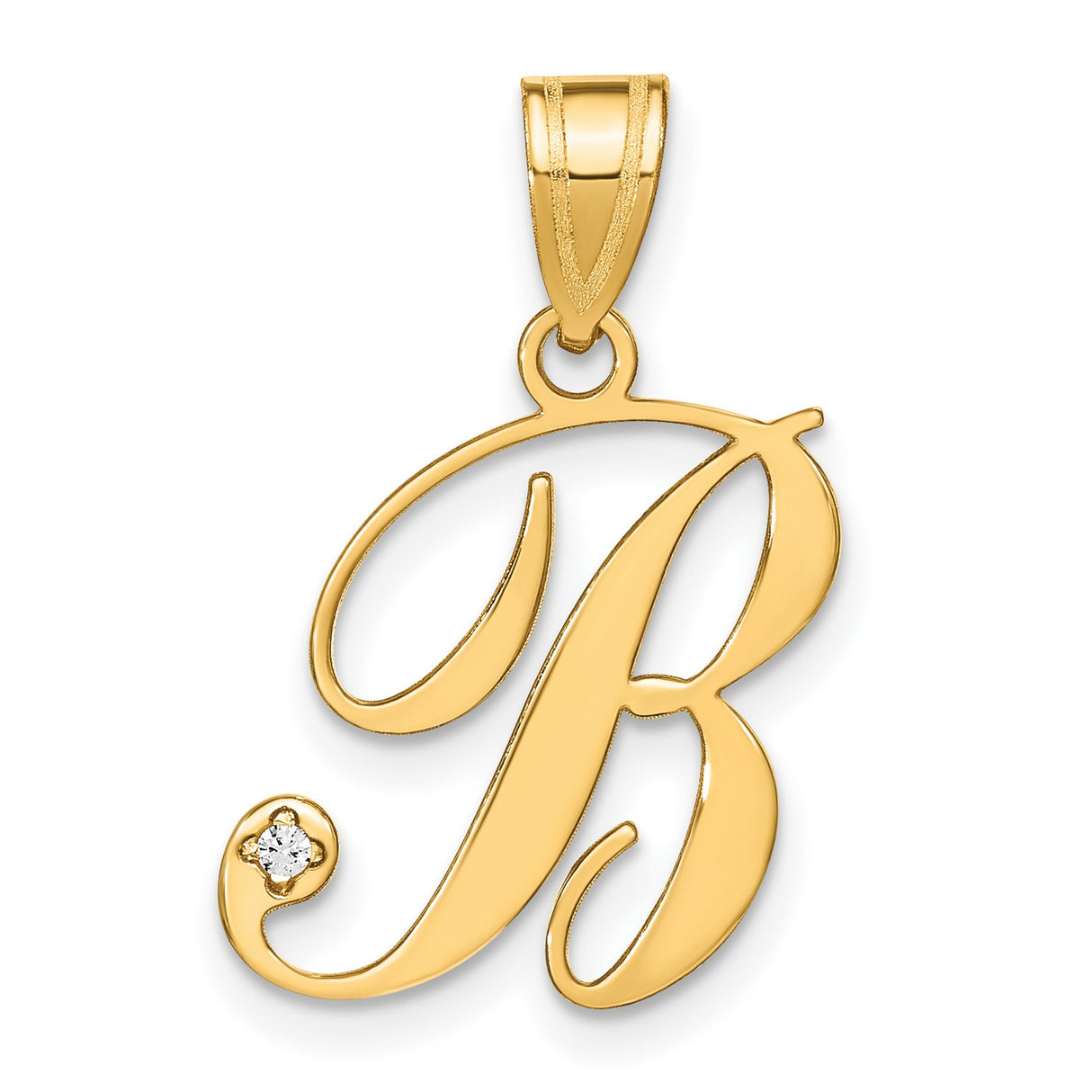 14k Yellow Gold Letter B Pendant with Diamond Accent, Script Initial Charm for Women