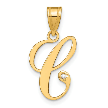 14k Yellow Gold Letter C Pendant with Diamond Accent, Script Initial Charm for Women